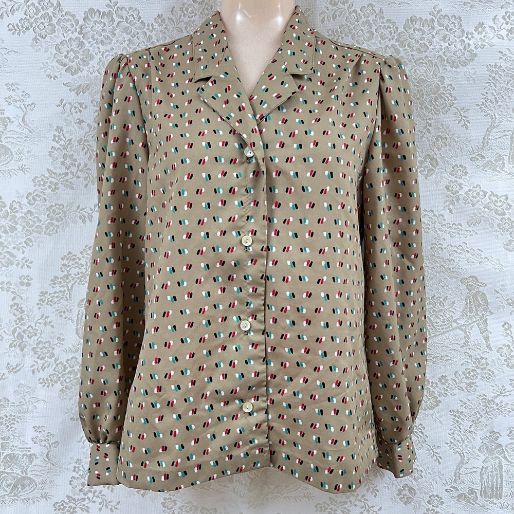Cos Cob Blouse Grandmacore Vintage Confetti Print Long Sleeve Button Secretary M